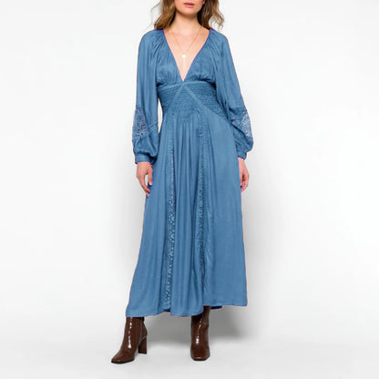Imcute Women's V Neck Lace Patchwork Boho Cutout Loose Swing Long Sleeve Tie Waist Cocktail Wedding Party Maxi Spring Fall Dress