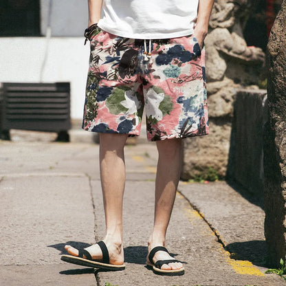 2025 Summer New Boutique Flower Cotton Linen Men's Casual Beach Shorts Men's Comfortable Breathable Leisure Shorts Male XXXXXL