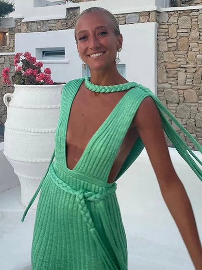 Summer New Women's Deep V Striped Knitted Spaghetti Strap Sleeveless Mini Dresses Elegant Chic Female Dress For Party Vacation