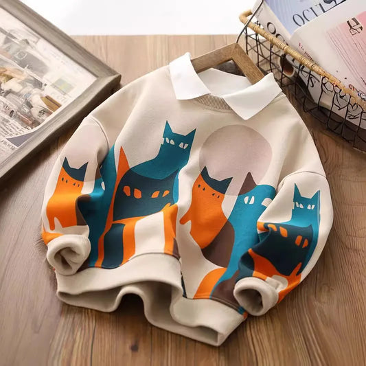 Children Top 2024 New Spring Autumn Sweatshirt Boys Girls Fake Two-piece Top Cartoon Casual Long Sleeved Shirt Trendy Clothing