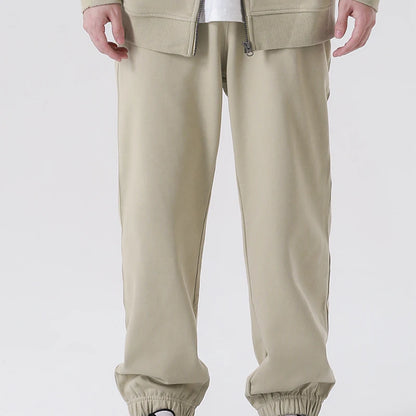 330g Mens 100% Cotton Spring Casual Long Pant French Terry Plain Brown Jogger Sports Trousers Male Flat Unlined Pocket Sweatpant