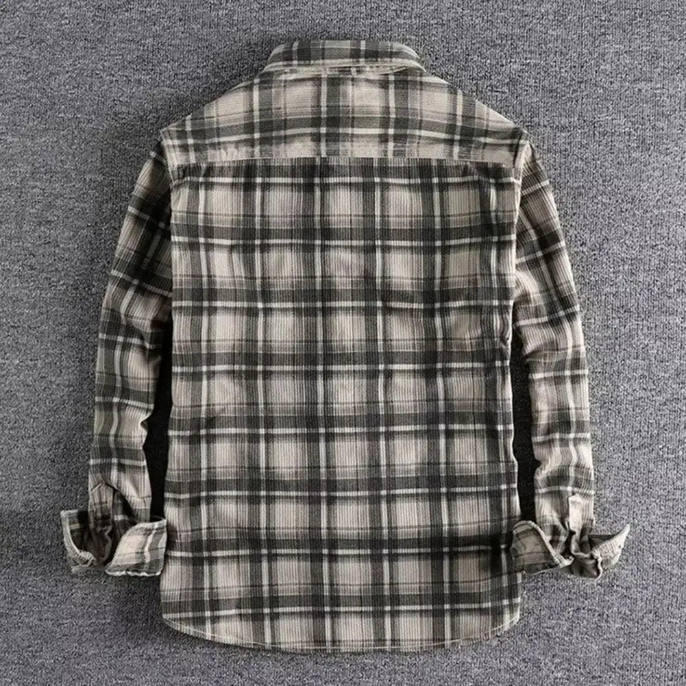 Single-breasted Shirt Plaid Print Men's Cardigan Coat Stylish Mid-length Formal Shirt with Turn-down Collar for Fall