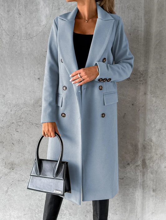 Women's Spring Style New Set Versatile Woolen Coat Solid Color Long Sleeve Double breasted Insert Pocket