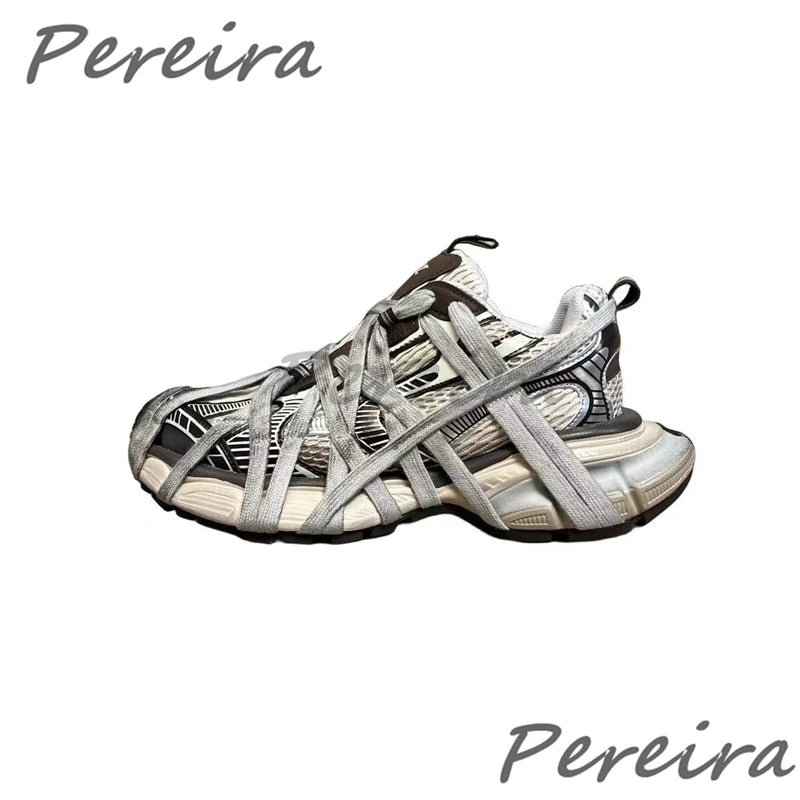 Mesh Thick Soled Casual Sneakers for Men Women Summer Breathable Lace Up Sports Shoes Trendy Cross Strap Outdoor Couple Shoes