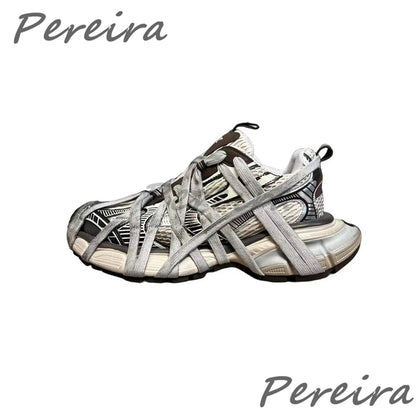 Mesh Thick Soled Casual Sneakers for Men Women Summer Breathable Lace Up Sports Shoes Trendy Cross Strap Outdoor Couple Shoes