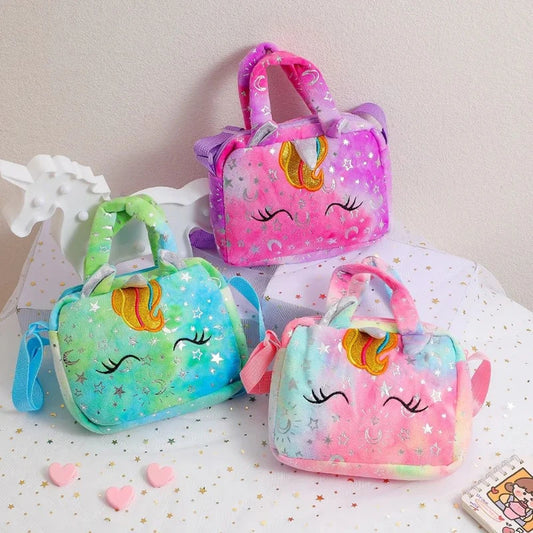 Unicorn tie-dyed plush shoulder bag children cute shoulder storage bag colorful girl messenger bag