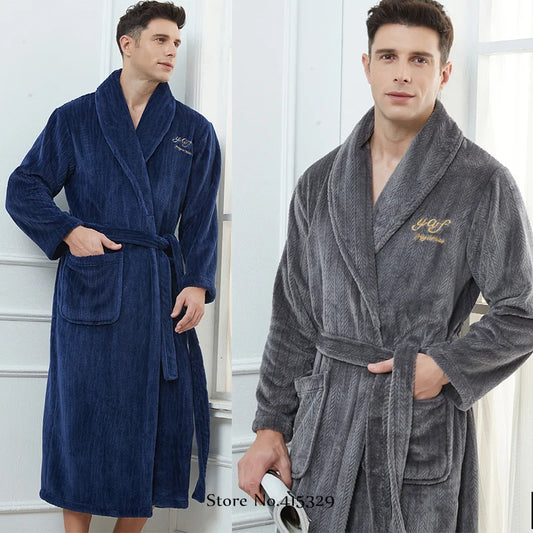 Big Size 3Xl 4Xl Kimono Robe Gown Winter New Men's Homewear Coral Fleece Bathrobe Shower Peignoirs Loose Thicken Nightwear