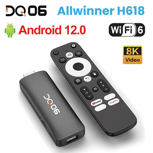 DQ06 ATV Mini TV Stick Android12 Allwinner H618 Quad Core Cortex A53 Support 8K Video 4K@60fps Wifi6 BT5.0 Build in BT Voice Rem