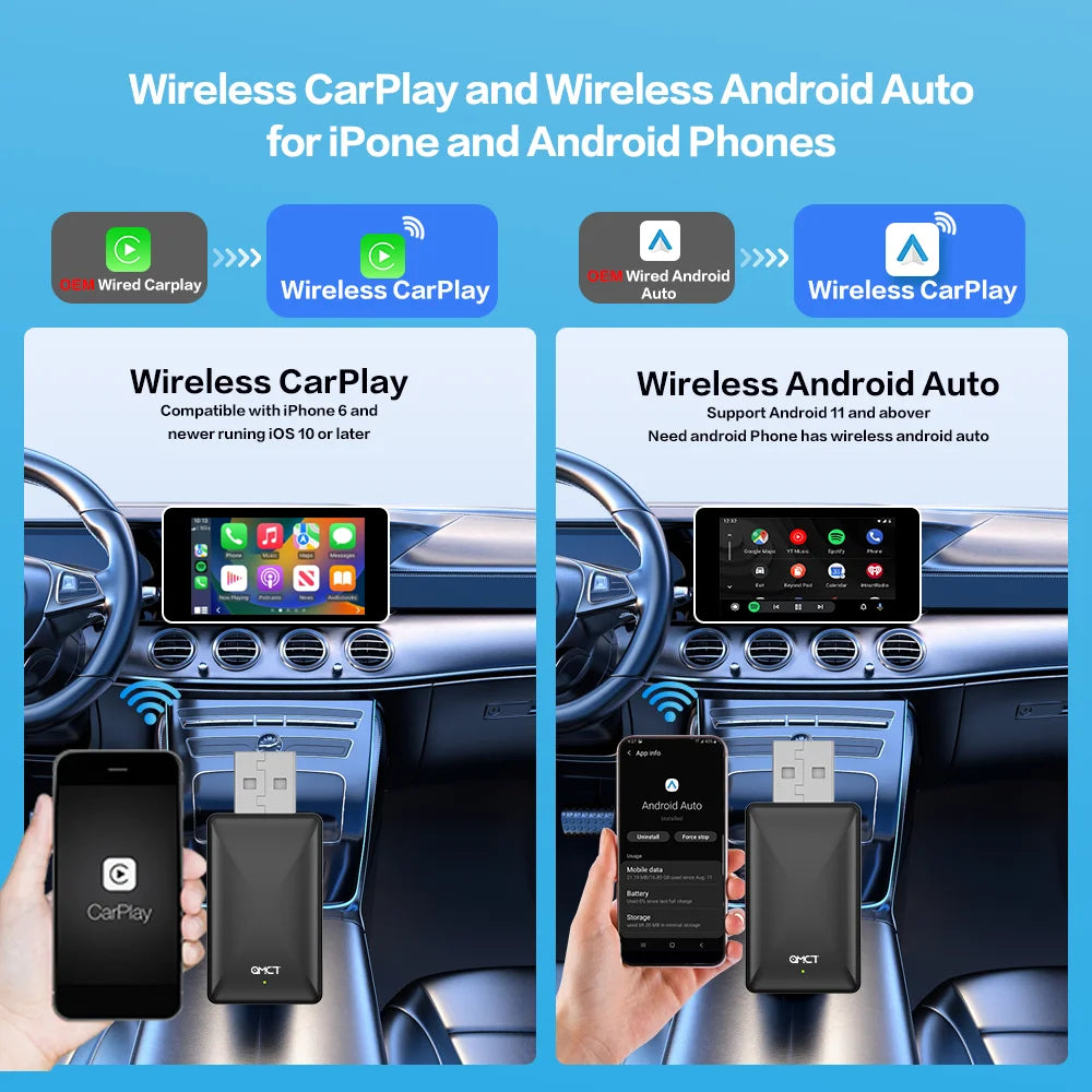 Wireless Android Auto Adapter Carplay Wireless Smart Bluetooth Dongle 2in1 For Dacia Spring Logan Sandero Stepway Duster Jogger