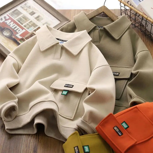 Spring Autumn Sweatshirt Boys Flip Neck Head Pullover Children's Casual Fashion Top 2024 New Teenagers Solid Color Clothes 4-14Y