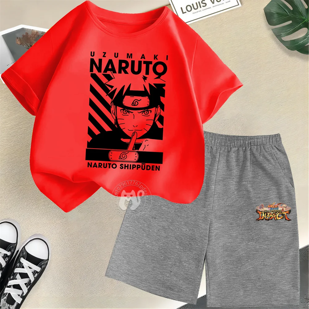 Summer Boys & Girls 100% Cotton T-shirt + Shorts Cartoon Naruto Creative Fashion street casual comfortable kids wear