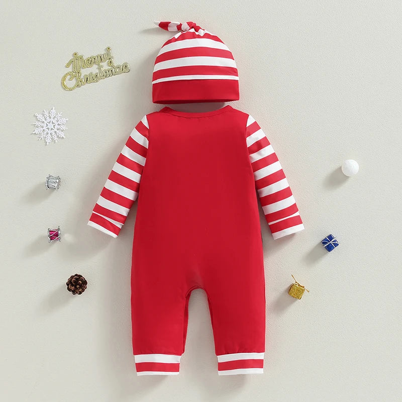 ma&baby 0-18m Christmas Newborn Infant Baby Romper Santa Costume Striped Letter Print Long Sleeve jumpsuit Hat Xmas Outfits D05