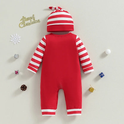 ma&baby 0-18m Christmas Newborn Infant Baby Romper Santa Costume Striped Letter Print Long Sleeve jumpsuit Hat Xmas Outfits D05