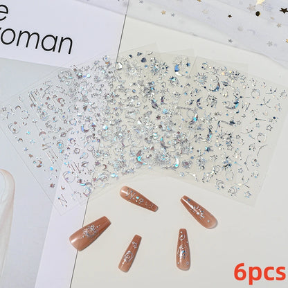 8Pcs Red Heart Nail Stickers 3D Bronzing Silver Gold Heart Shape Star & Moon Metal Totem Nail Slider Self-Adhesive DIY Nail Art*