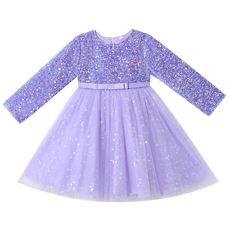 2023 Girls Autumn Long Sleeve Sequin Mesh Ball Gown Dress Stage Performance Princess Dress Kids Sweet Host Dresses 3-14Years