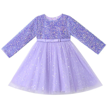 2023 Girls Autumn Long Sleeve Sequin Mesh Ball Gown Dress Stage Performance Princess Dress Kids Sweet Host Dresses 3-14Years