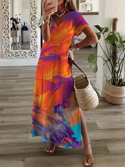 Vintage Geometric Irregular Printed T Shirt Long Women's Summer V-Neck Short Sleeve A-Line Dress Casual Vacation Slit Long Gowns
