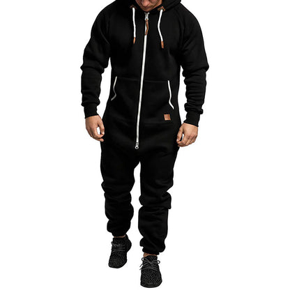 Men's Hooded Fleece Pyjamas Nightwear Autumn Winter Warm Long Sleeve Full Zipper Overalls Night Clothes