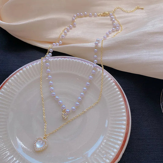 2023 New Fashion Trend Light Luxury Elegant Delicate Pearl Double Layer Heart Necklace Ladies High Jewelry Party Gifts Wholesale