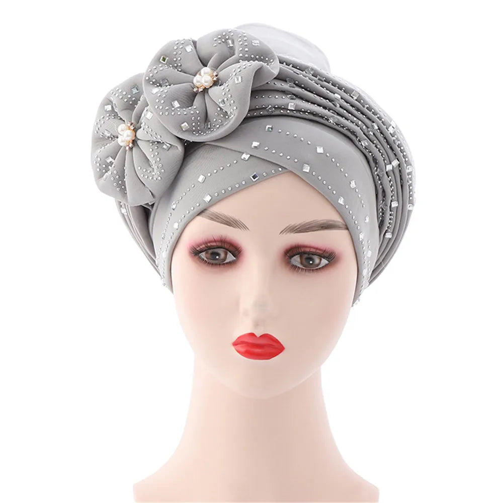 Fashion African Autogele Headtie Nigeria Party Headgear Women Head Wraps Female Turban Cap with Diamonds