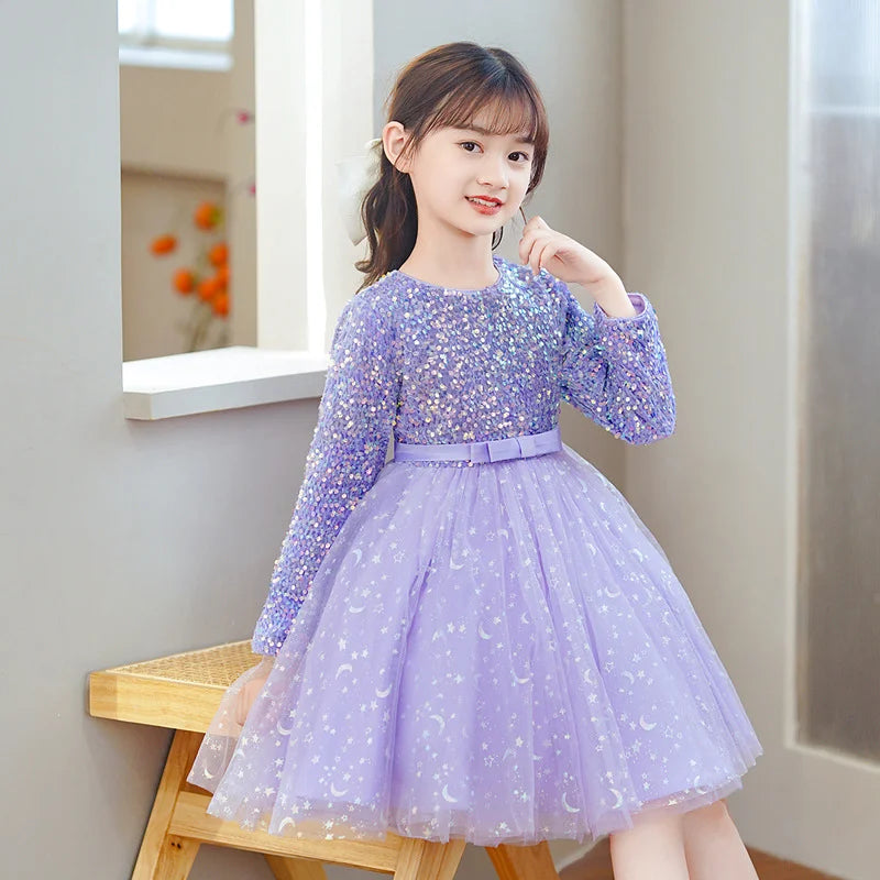 2023 Girls Autumn Long Sleeve Sequin Mesh Ball Gown Dress Stage Performance Princess Dress Kids Sweet Host Dresses 3-14Years