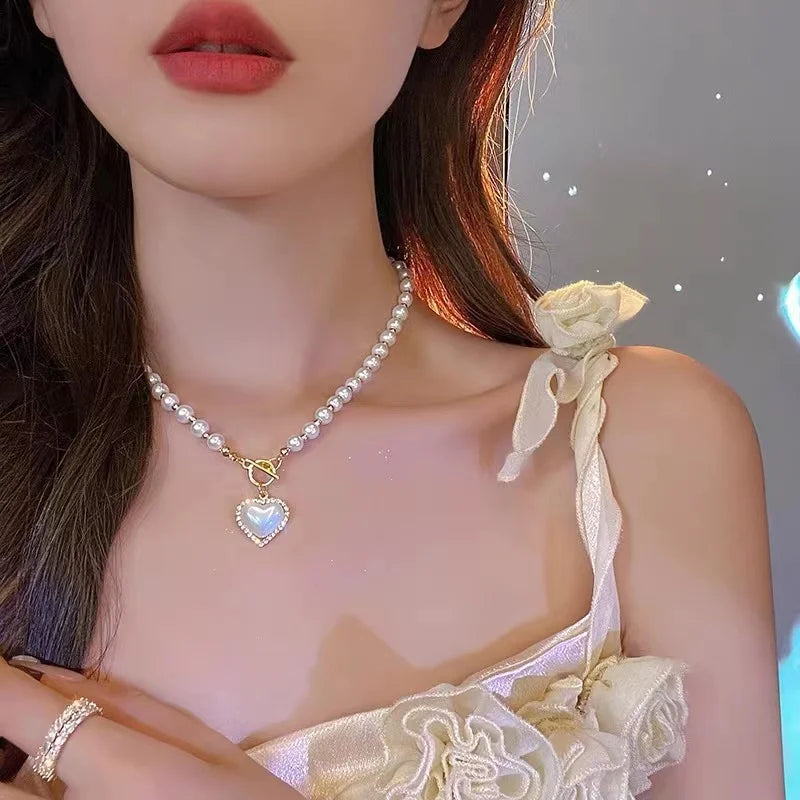 2023 New Fashion Trend Light Luxury Elegant Delicate Pearl Double Layer Heart Necklace Ladies High Jewelry Party Gifts Wholesale