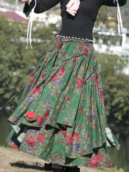 Kalenmos 2021 New Cotton and Linen Woman Medieval Skirt Fashion Flower Print Retro Eid Style Irregular Hem Pleated Skirt