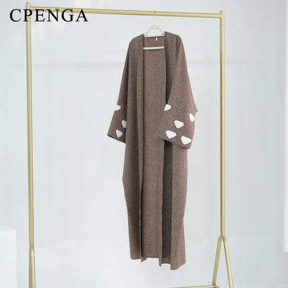 Saudi Clouds Open Abaya Elegant Eid Muslim Modest Coat for Women Islam Turkey Embroidery Dress Cotton Linen Long Sleeve Clothing