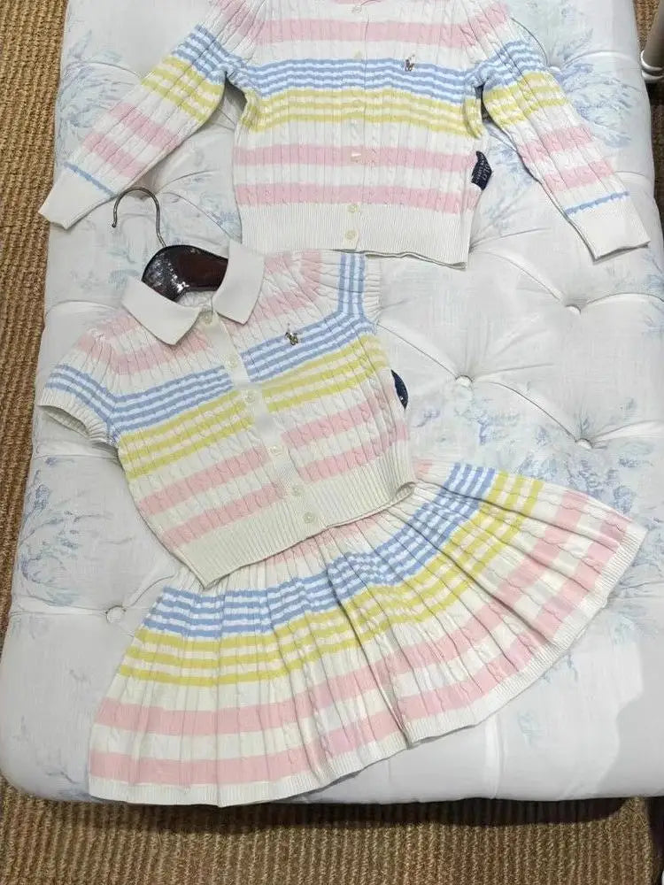 Spring Summer New Arrival Kids Knitted Ice Cr  ort Sve Cardigan Skirt Set Cotton Korean Sle Children's Clothing