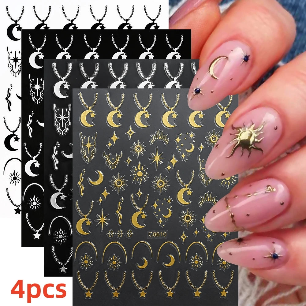 8Pcs Red Heart Nail Stickers 3D Bronzing Silver Gold Heart Shape Star & Moon Metal Totem Nail Slider Self-Adhesive DIY Nail Art*