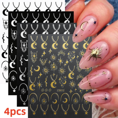8Pcs Red Heart Nail Stickers 3D Bronzing Silver Gold Heart Shape Star & Moon Metal Totem Nail Slider Self-Adhesive DIY Nail Art*