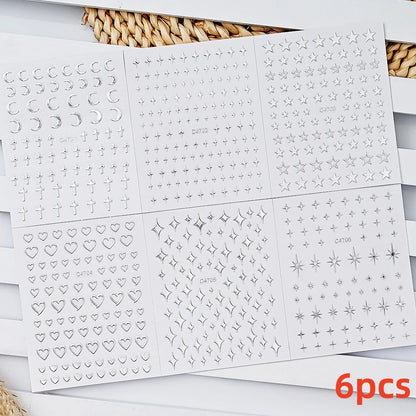 8Pcs Red Heart Nail Stickers 3D Bronzing Silver Gold Heart Shape Star & Moon Metal Totem Nail Slider Self-Adhesive DIY Nail Art*