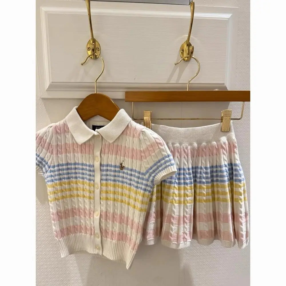 Spring Summer New Arrival Kids Knitted Ice Cr  ort Sve Cardigan Skirt Set Cotton Korean Sle Children's Clothing