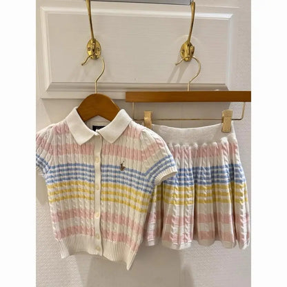 Spring Summer New Arrival Kids Knitted Ice Cr  ort Sve Cardigan Skirt Set Cotton Korean Sle Children's Clothing