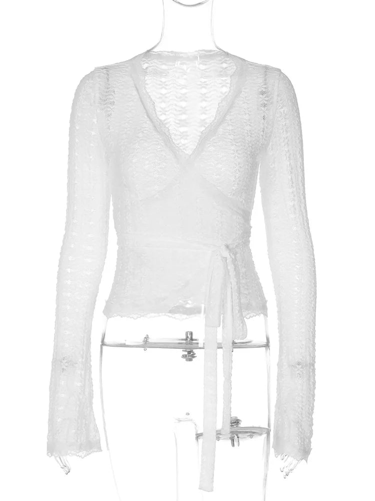 Tossy Bandage Hollow Out V-Neck T-shirt Top Women's Bandage Long Sleeve See-Through Sexy Casual Pullover Female Printed Tee Top