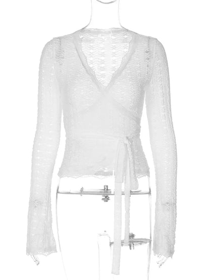 Tossy Bandage Hollow Out V-Neck T-shirt Top Women's Bandage Long Sleeve See-Through Sexy Casual Pullover Female Printed Tee Top
