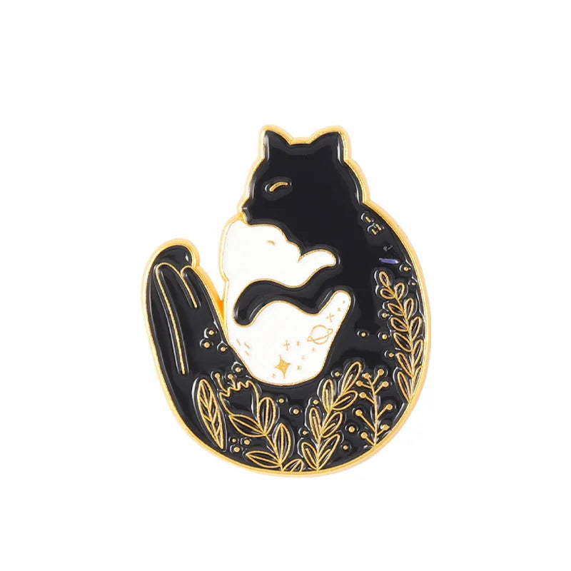 Cartoon Black White Animal Hug Enamel Pins Fox Koi Fish Dinosaur Deer Rabbit Crescent Ghost Alloy Brooch Badge Fashion Jewelry