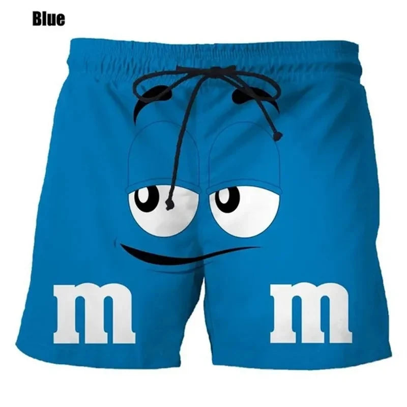 Funny M&M's Chocolate Bean Beach Shorts Men 3D Printing M&M Board Swimsuit Summer Quick Drying Sport