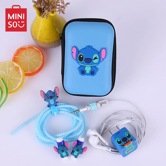 Disney Stitch Data Cable Protective Cover Miniso Cartoon Figure Iphone Charger Head Sticker Earphone Line Usb Winder Storage Bag