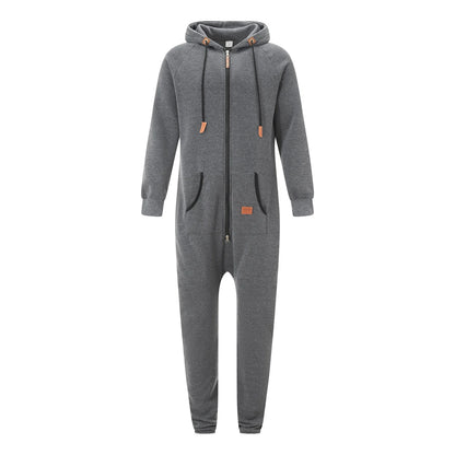 Men's Hooded Fleece Pyjamas Nightwear Autumn Winter Warm Long Sleeve Full Zipper Overalls Night Clothes