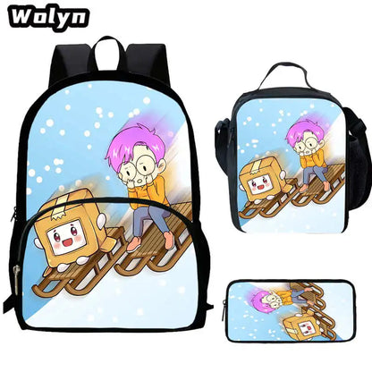3Pcs Set LankyBox School Backpacks with Lunch Bag Pencil Case,Cartoon Large Capacity School Bags for Grade 1-4,Mochila for Pupil