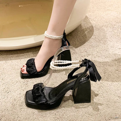 Pearl Sandals, Med Set Women's Beige All Paired with Chunky 2024 Girls in Transparent Black Gladiator Fashion Women's Shoes