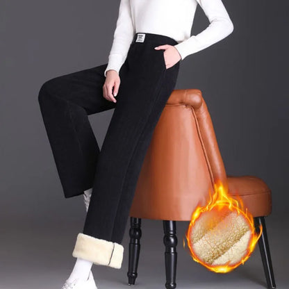 Thicken Lambswool Wide Leg Pants Baggy Casual Womens Pantalones Winter Warm Straight Trousers High Waist Fleece Lined Spodnie