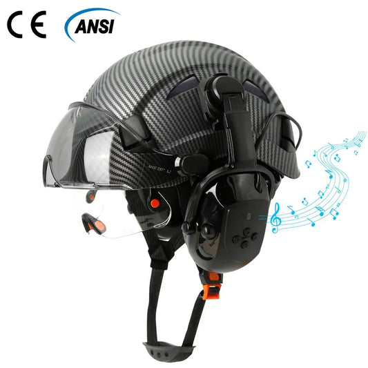 Bluetooth 5.0 Earmuffs Safety Helmet With Visors For Engineer ABS Carbon Fiber Pattern Construction Hard Hat Industrial Cap ANSI