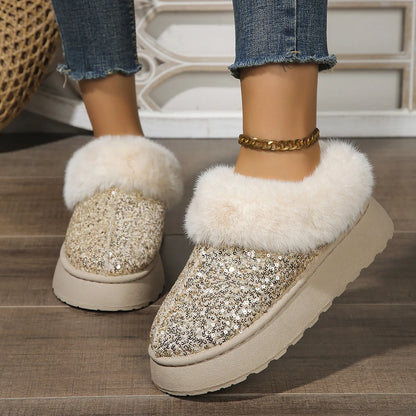 2024 New Faux Fur Winter Boots Women Fashion Sequined Cloth Warm Snow Boots Woman Non-Slip Thicken Plush Ankle Booties Plus Size