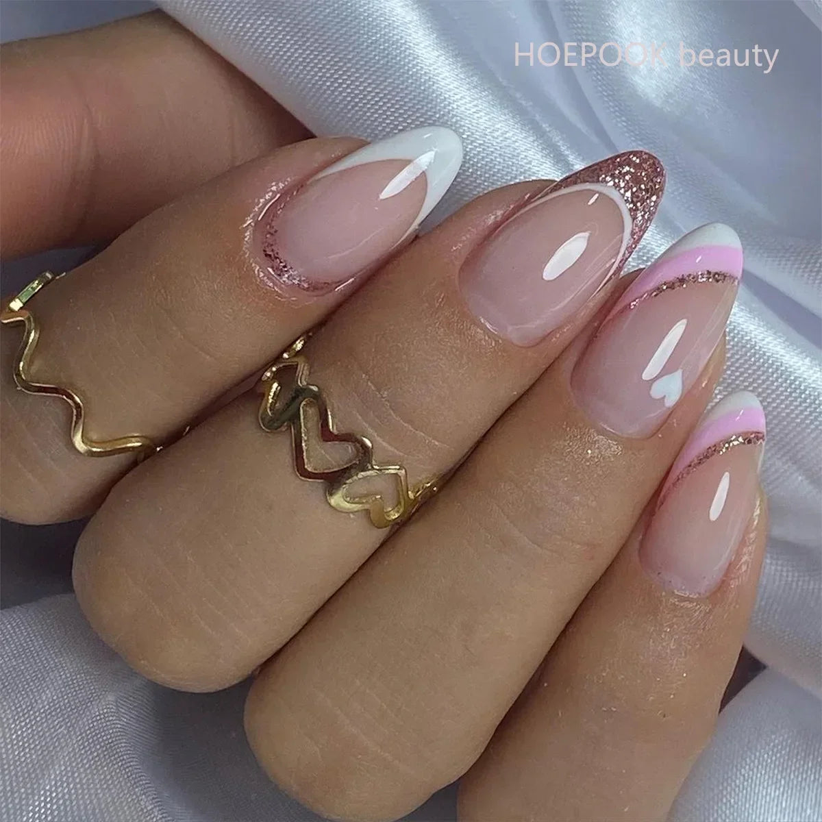 24pcs Black 3D Bow Almond Fake Nails Tips Pearl Love Sequin Design False Nails Art Removable Waterproof Artificial Press on Nail