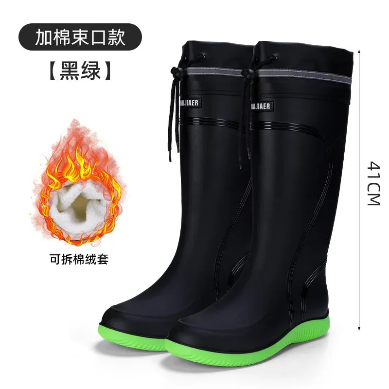 Men's Rain Boots Long Tube Water Shoes Non-slip Waterproof Safety Work Shoes Black Red Platform Cotton high-top outer wear