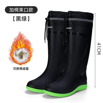 Men's Rain Boots Long Tube Water Shoes Non-slip Waterproof Safety Work Shoes Black Red Platform Cotton high-top outer wear