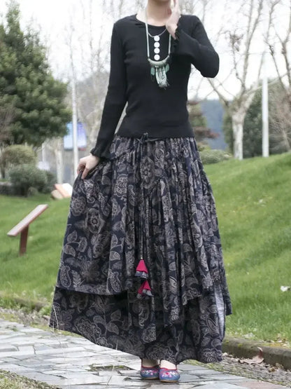 Kalenmos 2021 New Cotton and Linen Woman Medieval Skirt Fashion Flower Print Retro Eid Style Irregular Hem Pleated Skirt