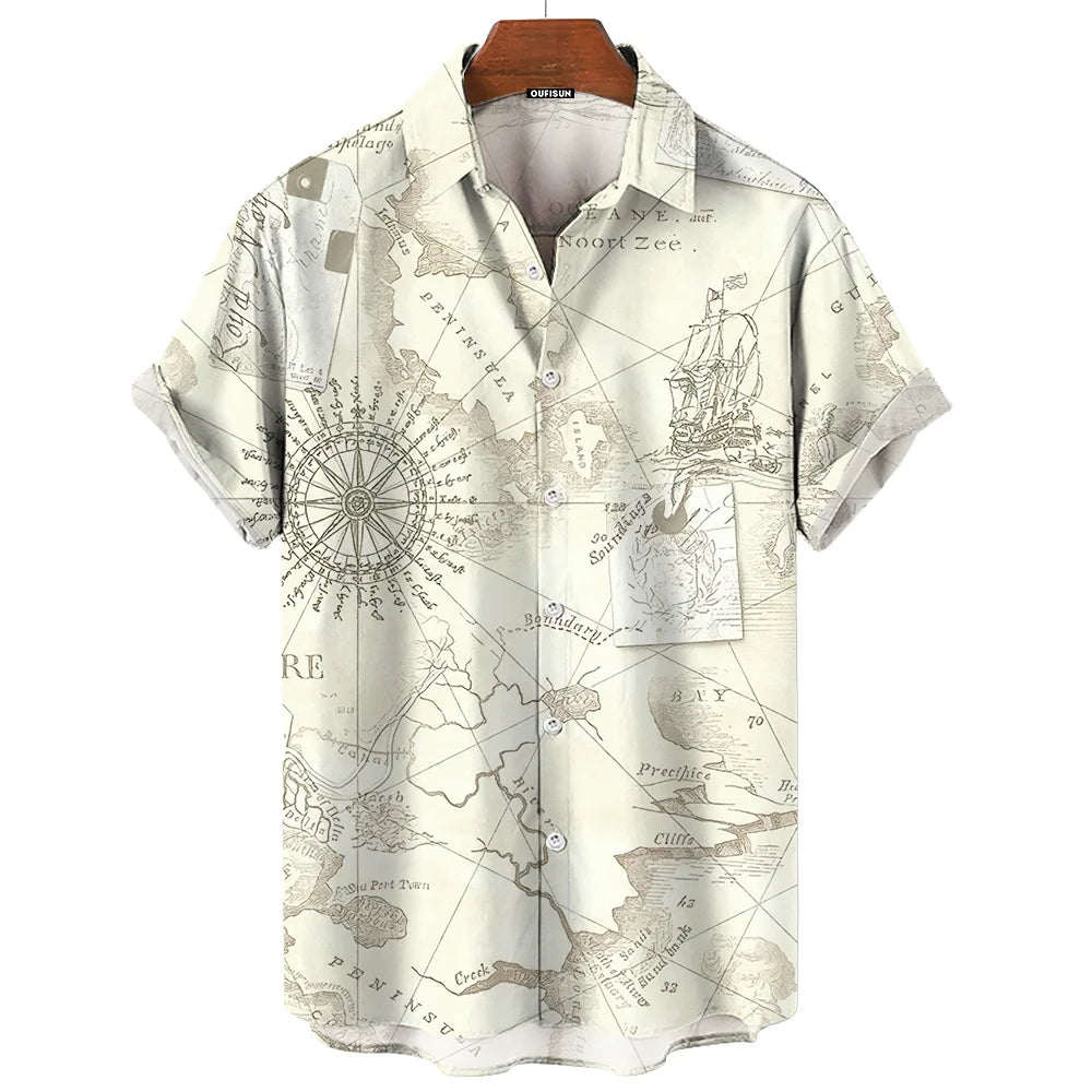 Vintage Men'S Shirt 3d Sailing Boat Print Men Clothing Summer Casual Short Sleeve High Quality Top Tee Hawaiian Beach Sweatshirt